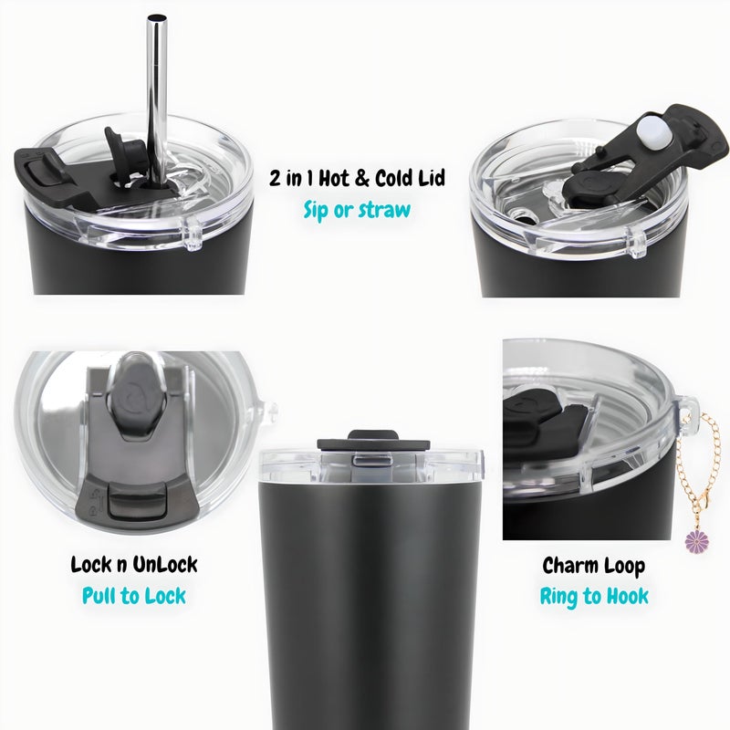 Drinco - 20 oz Stainless Steel Tumbler | Double Walled Vacuum Insulated Mug With Lid, 2 Straws, For Hot & Cold Drinks (20oz Black, 20oz) - Image 2
